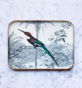 "Plateau émaillé demi-format Jacamar Émeraude - Motif oiseau tropical 20x27 cm en émail artisanal"