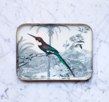 "Plateau émaillé demi-format Jacamar Émeraude - Motif oiseau tropical 20x27 cm en émail artisanal"
