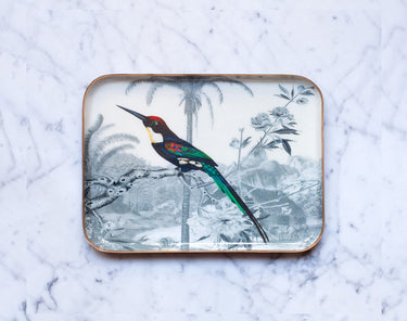 "Plateau émaillé demi-format Jacamar Émeraude - Motif oiseau tropical 20x27 cm en émail artisanal"