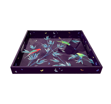 Plateau carré en laque mauve " Jardin des merveilles"