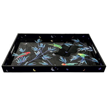 "Grand plateau en laque noire Jardin des Merveilles - 40x60 cm décor artisanal"
