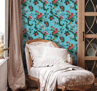 Papier peint fleurs des îles colori bleu