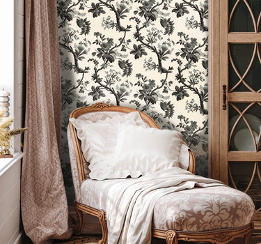 Papier peint fleurs des îles colori noir et crème