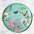 "Plateau rond Birdies motif pivoines oiseaux tropicaux fond jungle"