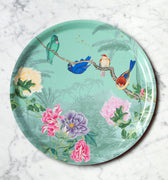 "Plateau rond Birdies motif pivoines oiseaux tropicaux fond jungle"