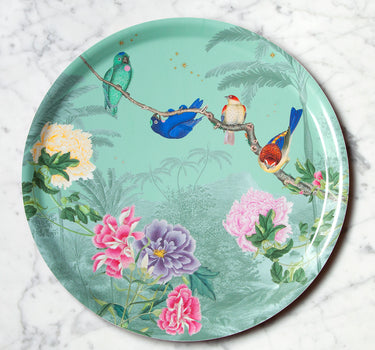 "Plateau rond Birdies motif pivoines oiseaux tropicaux fond jungle"