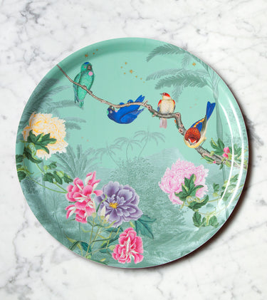 "Plateau rond Birdies motif pivoines oiseaux tropicaux fond jungle"