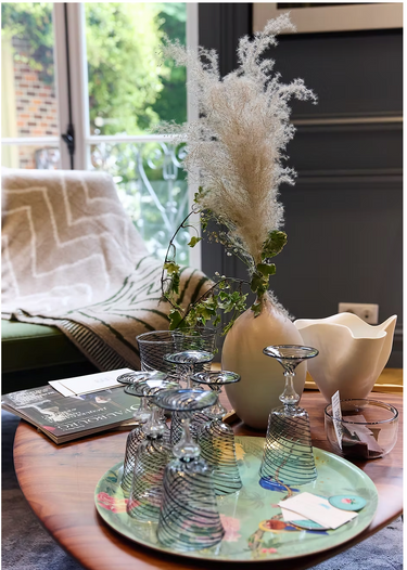 ambiance salon chic plateau oiseaux tropicaux 