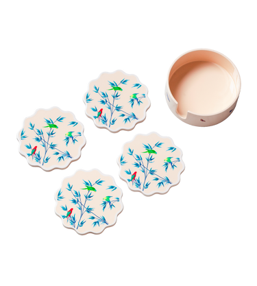 Boîte & sous-verres en laque  " Jardin des perroquets" ivoire rosé