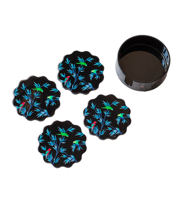 Boîte & sous-verres en laque   " Jardin des perroquets" noir