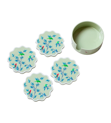 Boîte & sous-verres en laque  " Jardin des perroquets" vert céladon