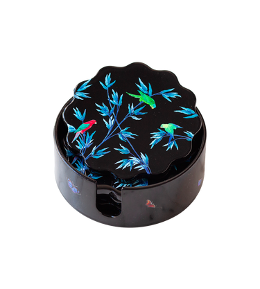 Boîte & sous-verres en laque   " Jardin des perroquets" noir