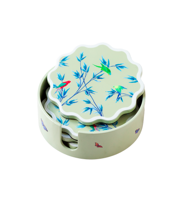Boîte & sous-verres en laque  " Jardin des perroquets" vert céladon