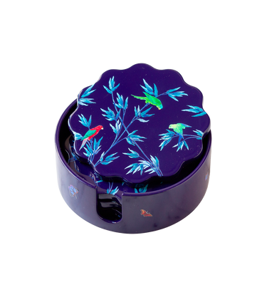 Boîte & sous-verres en laque   " Jardin des perroquets" mauve