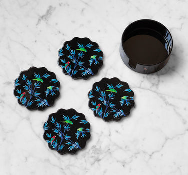 Boîte & sous-verres en laque   " Jardin des perroquets" noir
