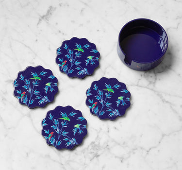 Boîte & sous-verres en laque   " Jardin des perroquets" Violet