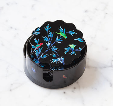 Boîte & sous-verres en laque   " Jardin des perroquets" noir