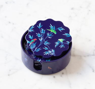 Boîte & sous-verres en laque   " Jardin des perroquets" Violet