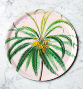 "Plateau rond Cocotier motif palmier cocotier fond ivoire rosé"
