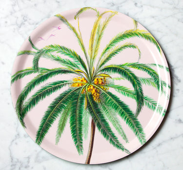 "Plateau rond Cocotier motif palmier cocotier fond ivoire rosé"