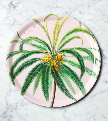 "Plateau rond Cocotier motif palmier cocotier fond ivoire rosé"