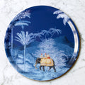 "Plateau rond Balade indienne 38cm scène nocturne cornacs éléphants jungle clair de lune"
