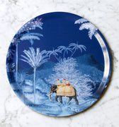"Plateau rond Balade indienne 38cm scène nocturne cornacs éléphants jungle clair de lune"