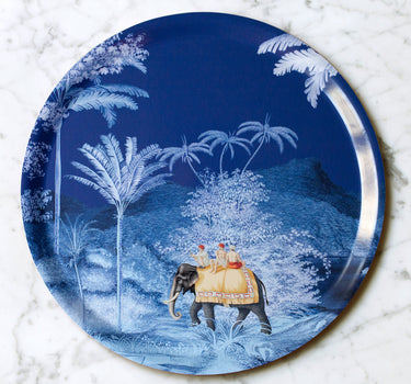 "Plateau rond Balade indienne 38cm scène nocturne cornacs éléphants jungle clair de lune"
