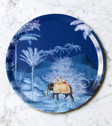 "Plateau rond Balade indienne 38cm scène nocturne cornacs éléphants jungle clair de lune"