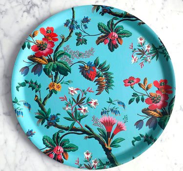 "Plateau rond Fleurs des îles hibiscus fraises géantes multicolores papier peint 1799 Jacquemart Bénard"