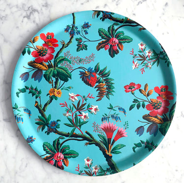 "Plateau rond Fleurs des îles hibiscus fraises géantes multicolores papier peint 1799 Jacquemart Bénard"