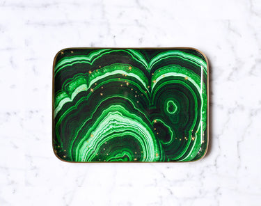 "Plateau émaillé demi-format Malachite - Motif malachite vert 20x27 cm en émail artisanal"