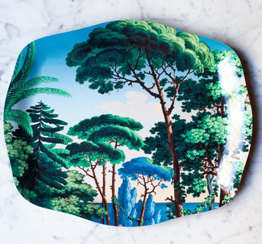 plateau en bois pour le table dont le motif représente un paysage méditerranéen