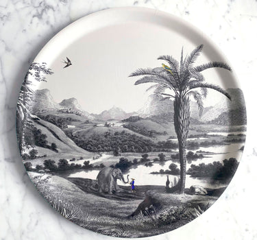 Plateau rond Mékong 38cm paysage montagne forêt tropicale village éléphant fond blanc"
