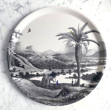Plateau rond Mékong 38cm paysage montagne forêt tropicale village éléphant fond blanc"