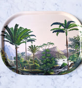 Plateau ovale Manicaria en bois stratifié de bouleau, format 33 x 43 cm, avec motif tropical et verso vert amande