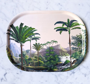 Plateau ovale Manicaria en bois stratifié de bouleau, format 33 x 43 cm, avec motif tropical et verso vert amande