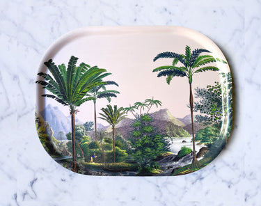 Plateau ovale Manicaria en bois stratifié de bouleau, format 33 x 43 cm, avec motif tropical et verso vert amande