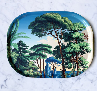 Plateau ovale Méditerranée en bois stratifié de bouleau, format 33 x 43 cm, en partenariat avec le Musée des Arts Décoratifs de Paris, verso bleu lagon