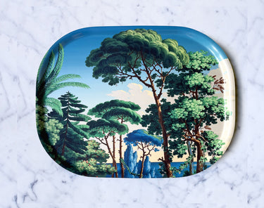 Plateau ovale Méditerranée en bois stratifié de bouleau, format 33 x 43 cm, en partenariat avec le Musée des Arts Décoratifs de Paris, verso bleu lagon