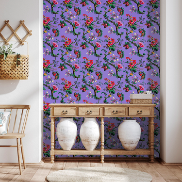 Papier peint fleurs des îles colori parme