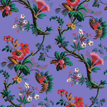 Papier peint fleurs des îles colori parme