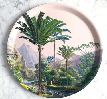 Plateau décoratif rond Manicaria motif palmier tropical fond vert émeraude"