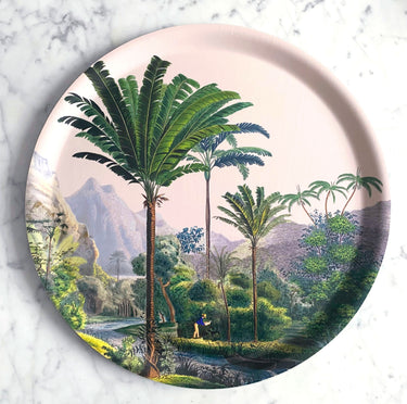 Plateau décoratif rond Manicaria motif palmier tropical fond vert émeraude"
