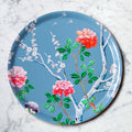 "Plateau rond Pivoines 38cm motif pivoines cerisiers en fleurs fond bleu gris"