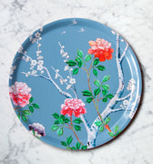 "Plateau rond Pivoines 38cm motif pivoines cerisiers en fleurs fond bleu gris"