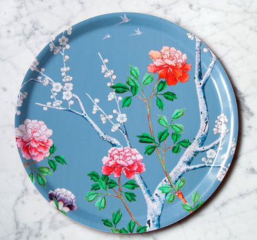 "Plateau rond Pivoines 38cm motif pivoines cerisiers en fleurs fond bleu gris"