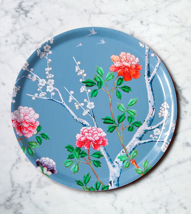 "Plateau rond Pivoines 38cm motif pivoines cerisiers en fleurs fond bleu gris"