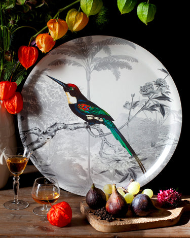 "ambiance chaleureuse Plateau décoratif Jacamar émeraude scène tropicale oiseau jungle luxuriante"