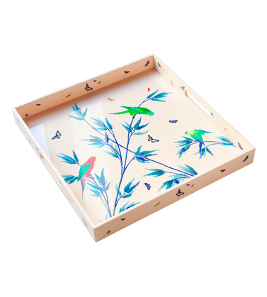 Plateau carré en laque  " Jardin des merveilles" crème rosé